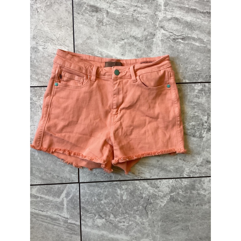 Judy Blue Coral Pink Garment Dyed Denim Frayed Hem Shorts JB150217 Medium